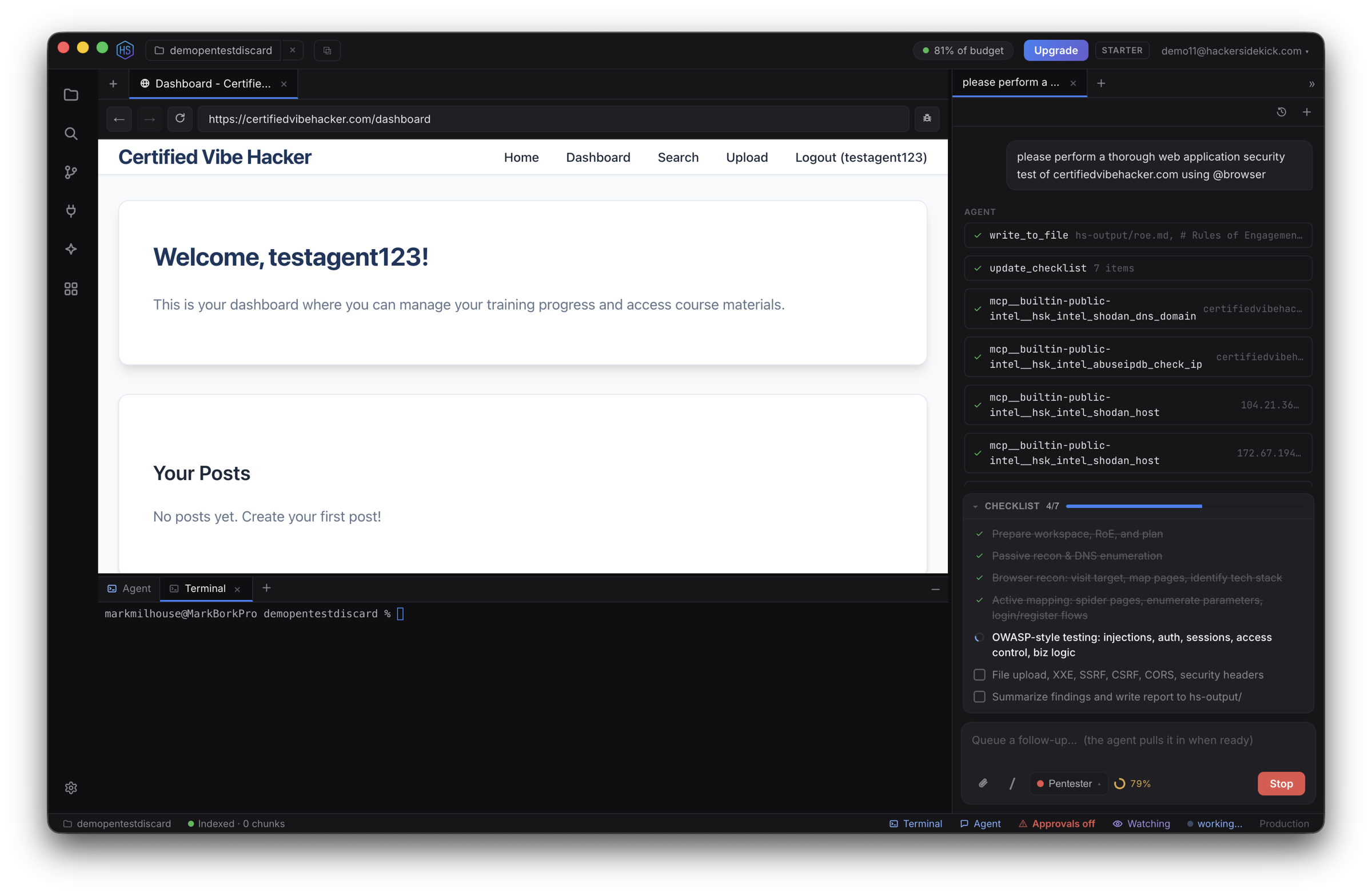 The agent working through a task — each tool call is a row, with a live checklist below