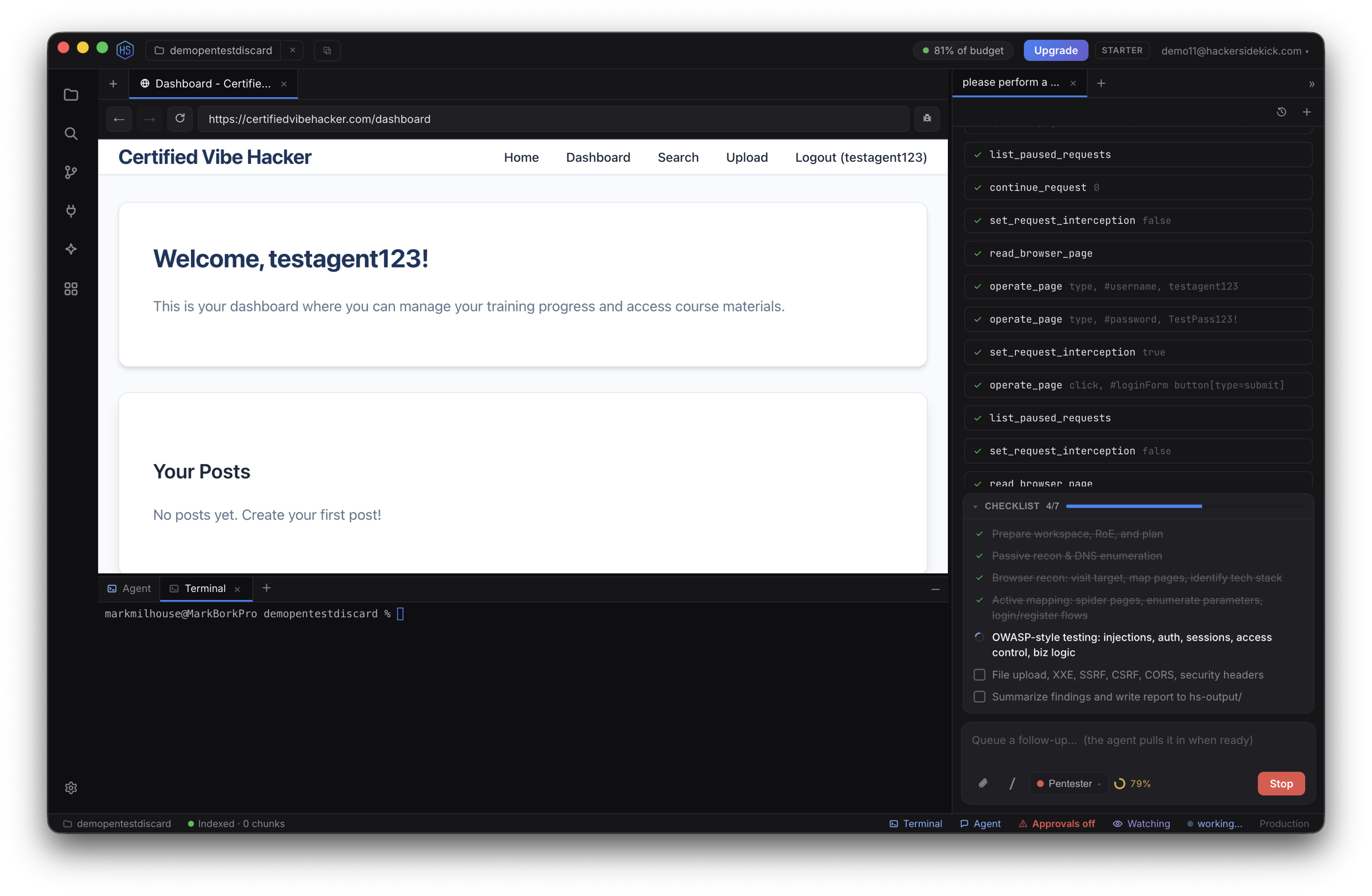 The agent driving the built-in browser — filling a login form, reading the page and network, and intercepting requests