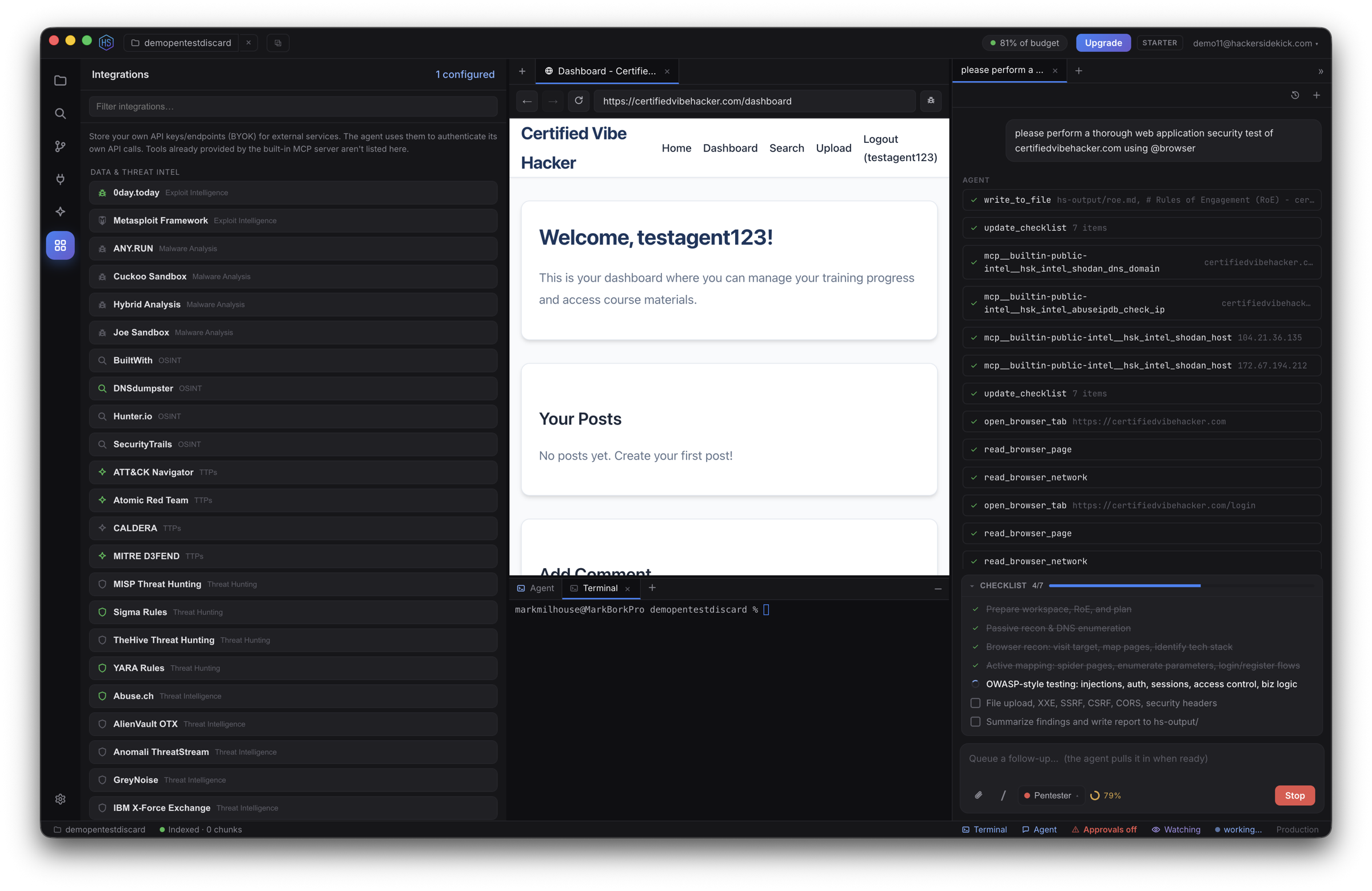 The Integrations catalog: bring-your-own-key security data sources grouped by category — exploit databases, malware sandboxes, OSINT, and threat-intel platforms