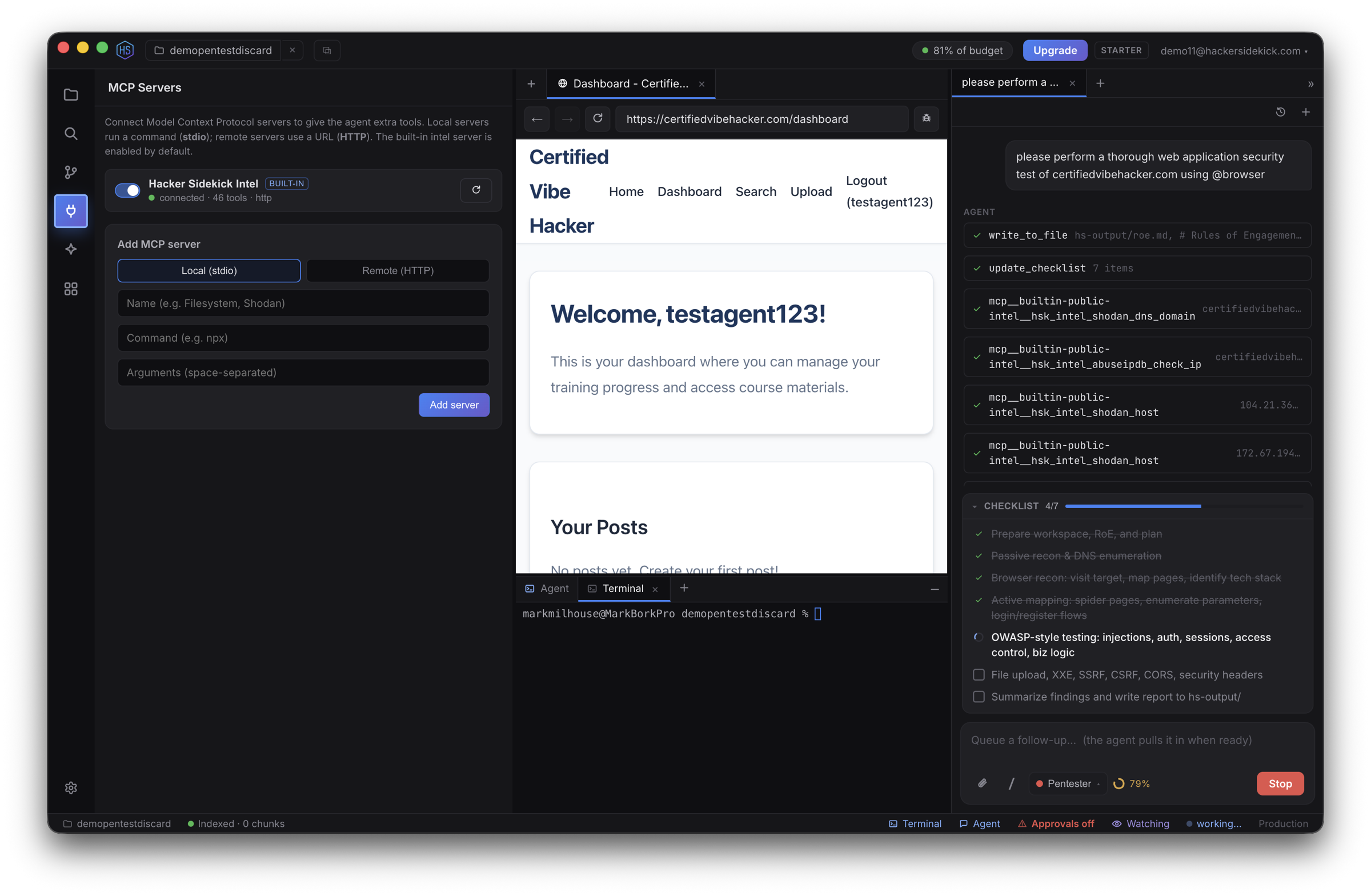 The MCP Servers view: the built-in public-intel server connected, and a form to add a local (stdio) or remote (HTTP) server
