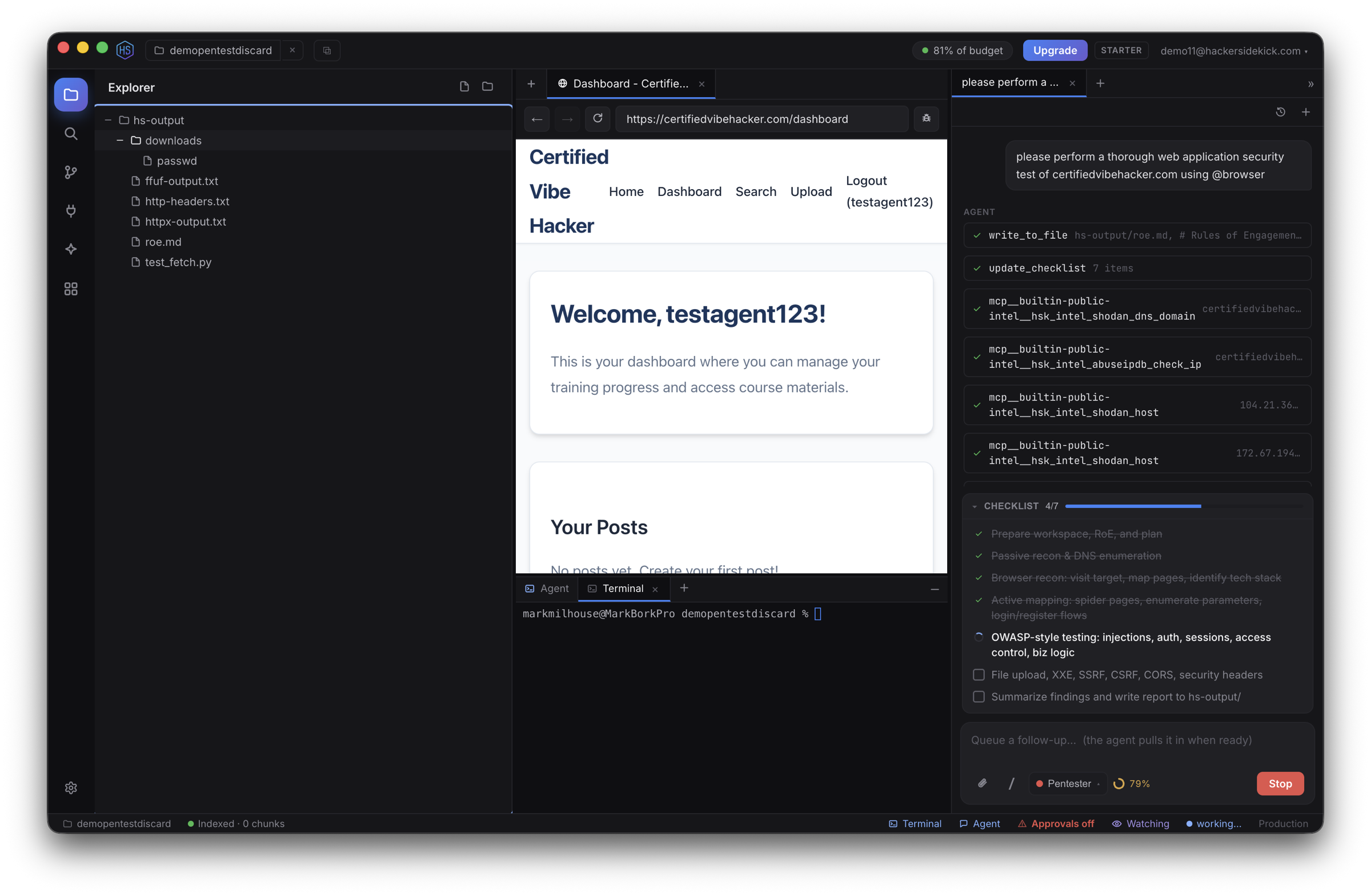 The Explorer showing a workspace and the agent's  artifacts, alongside the editor and agent