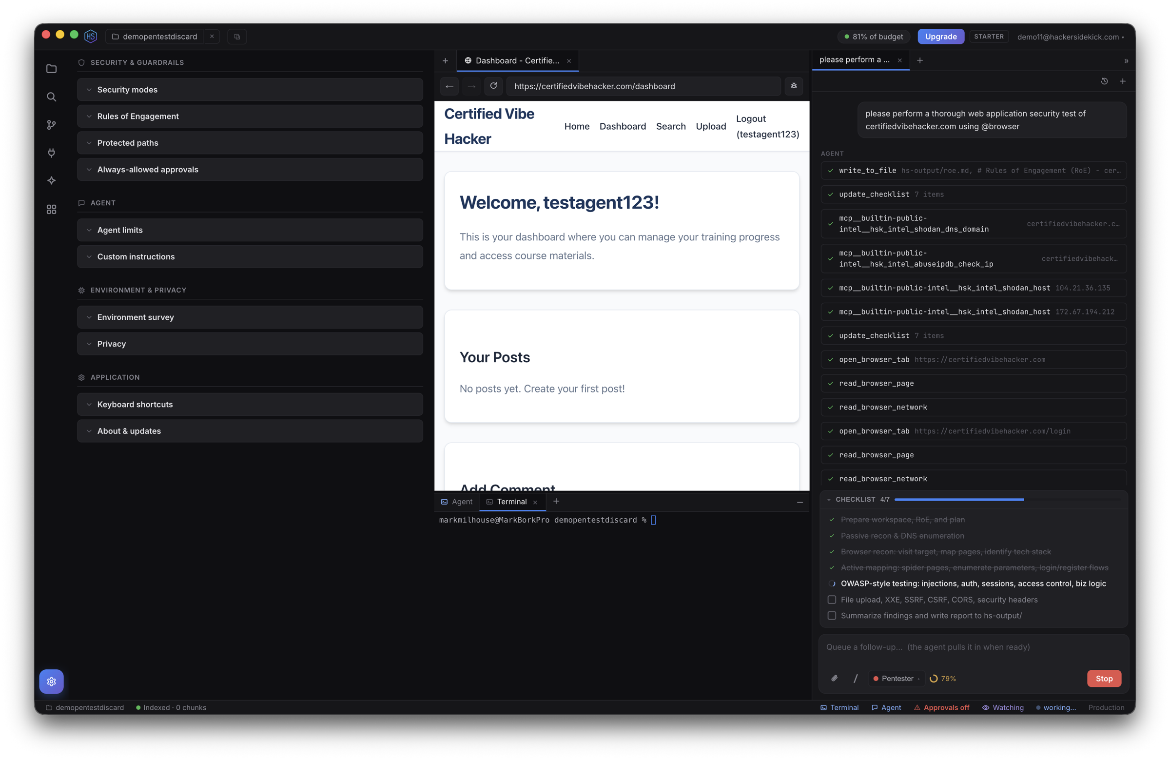 The Settings view, grouped into Security & guardrails, Agent, Environment & privacy, and Application