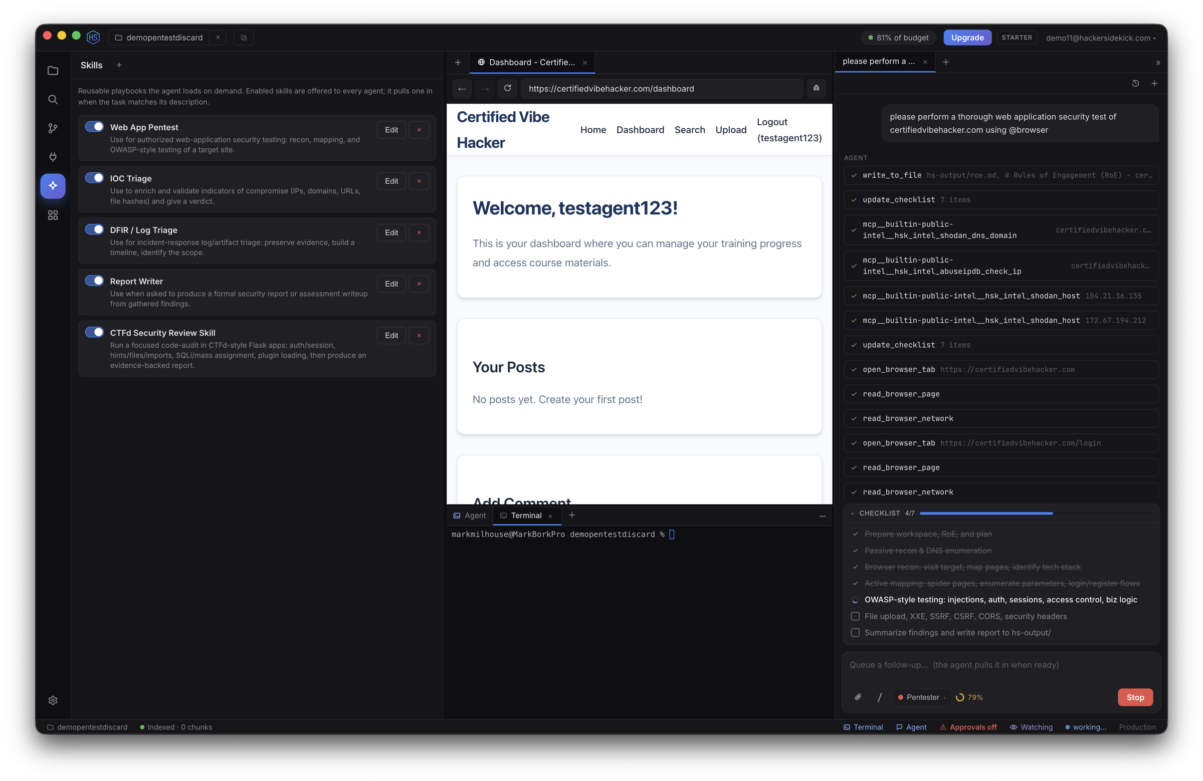 The Skills view: starter playbooks like Web App Pentest, IOC Triage, DFIR / Log Triage, and Report Writer, each toggleable and editable