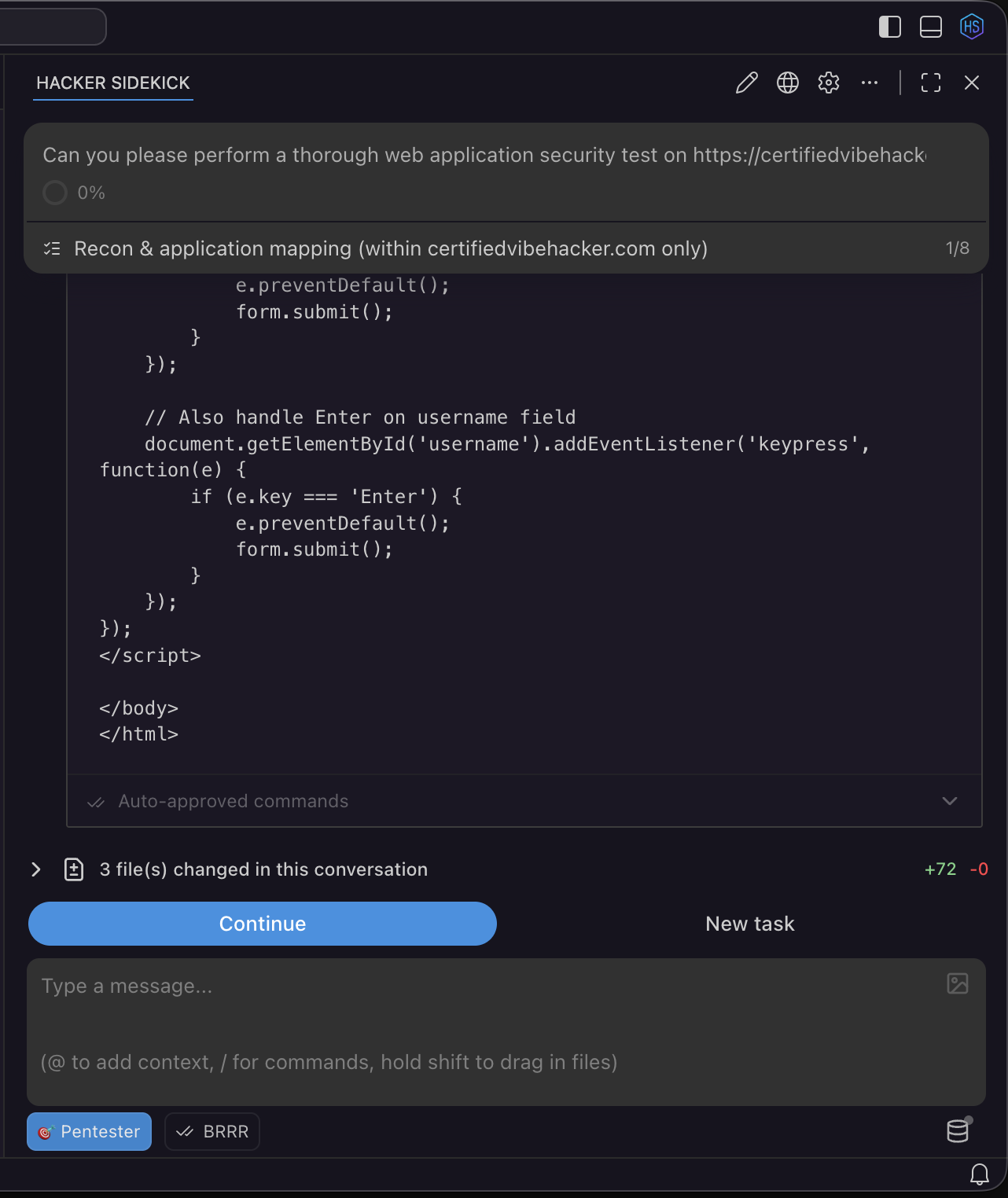 Hacker Sidekick in the main side panel: chat, task, and a safe placeholder prompt