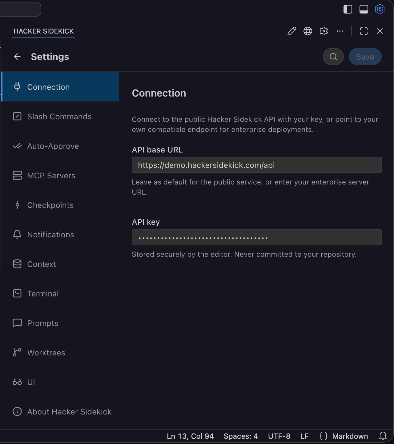 Hacker Sidekick Enterprise Connection: base URL, key, and related controls (masked)
