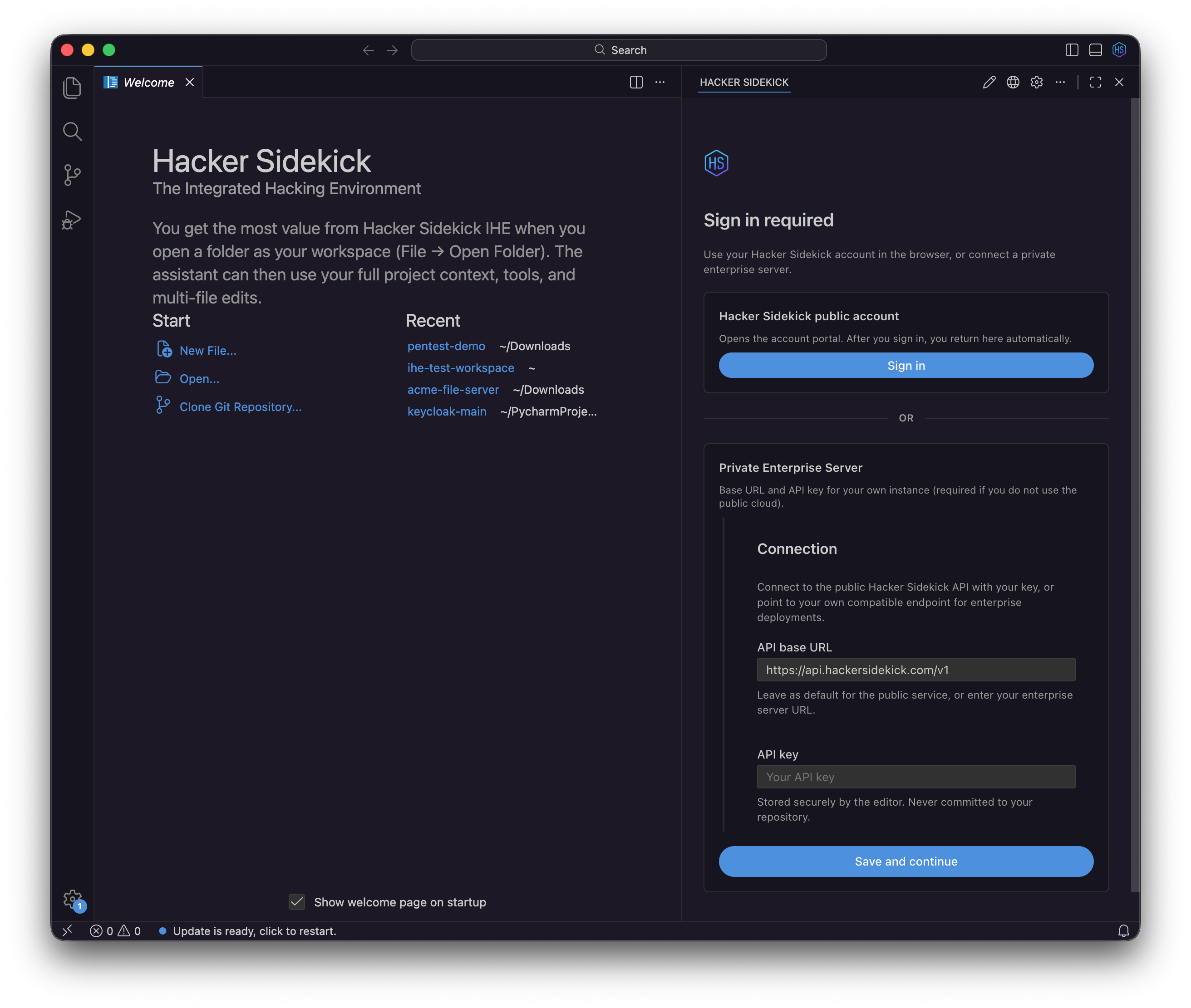 Hacker Sidekick Enterprise welcome: base URL and key (masked)