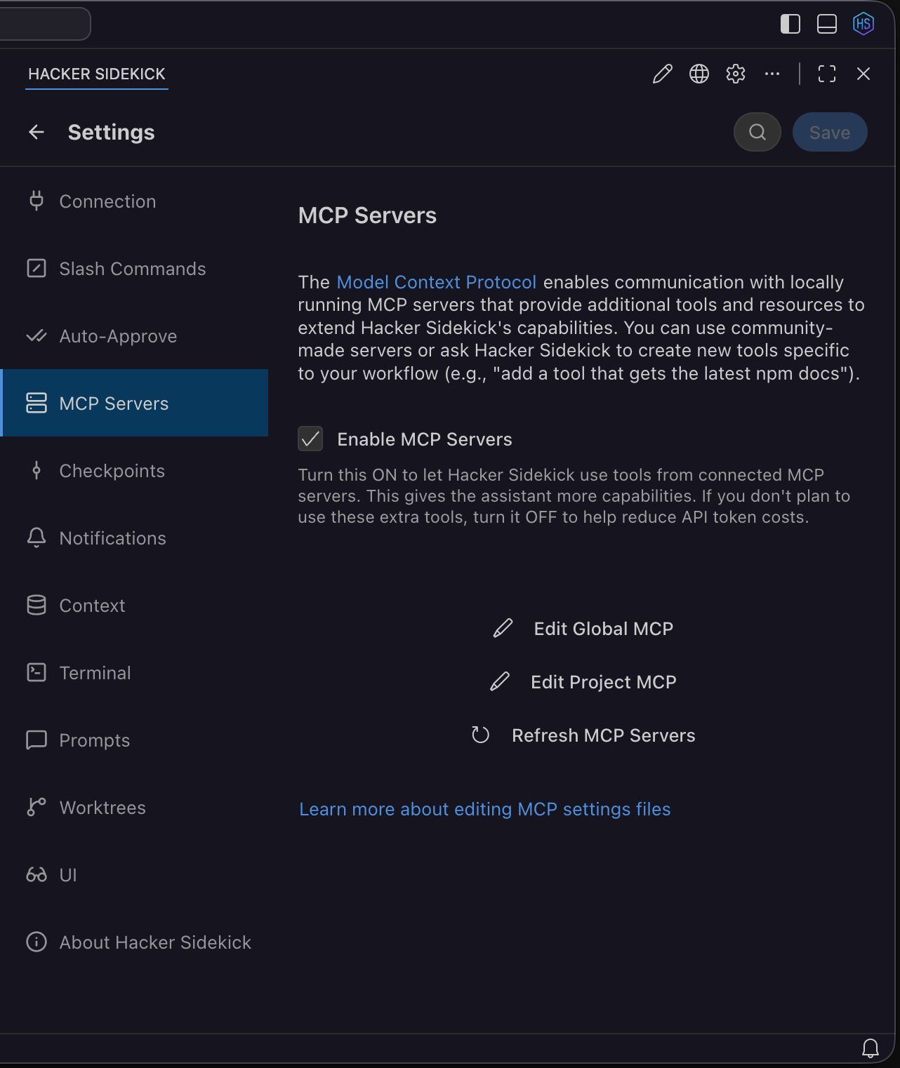 MCP Servers settings: enable MCP, list servers, Refresh, and Always allow on a tool