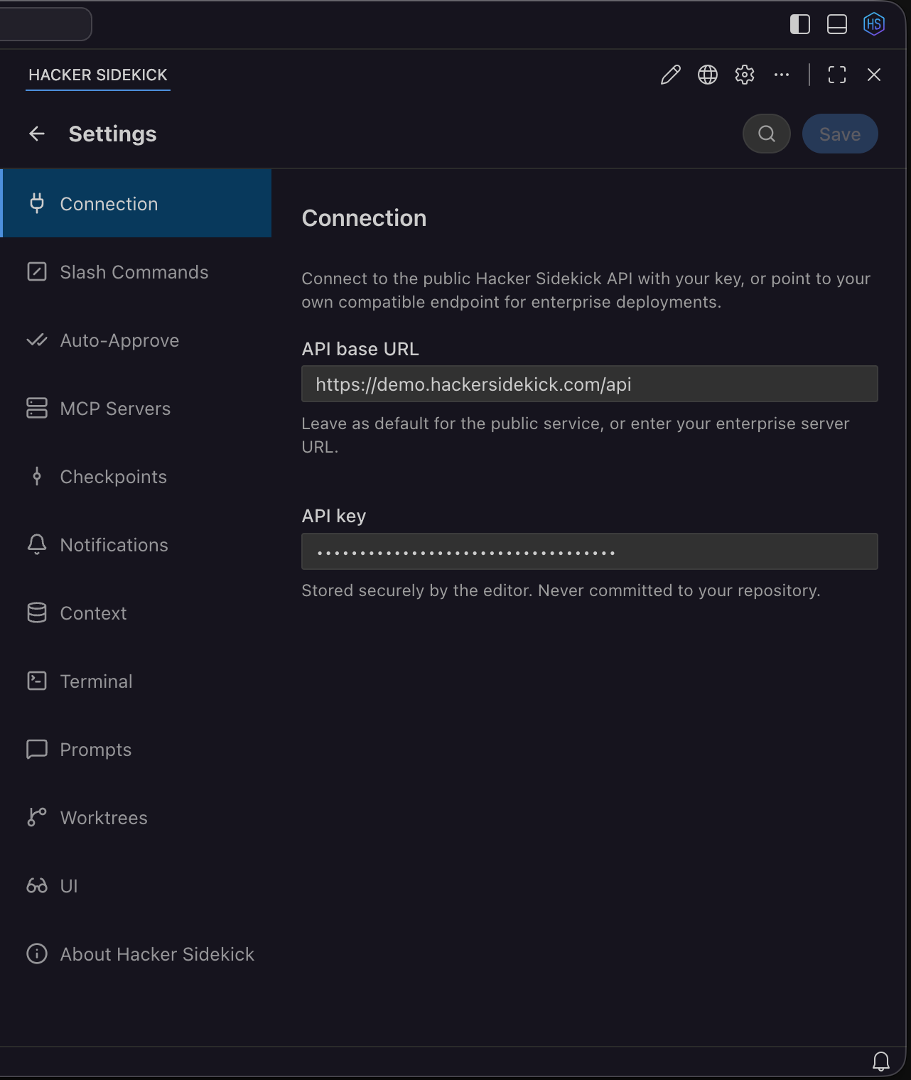 Hacker Sidekick settings: left sections for Connection, MCP, auto-approve, and checkpoints