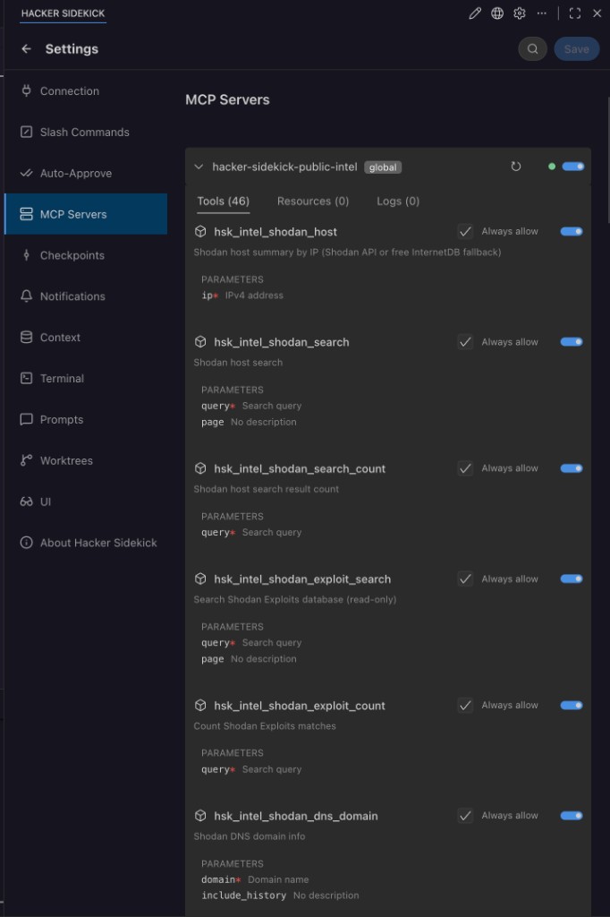 hacker-sidekick-public-intel MCP server: Tools list and per-tool Always allow toggles