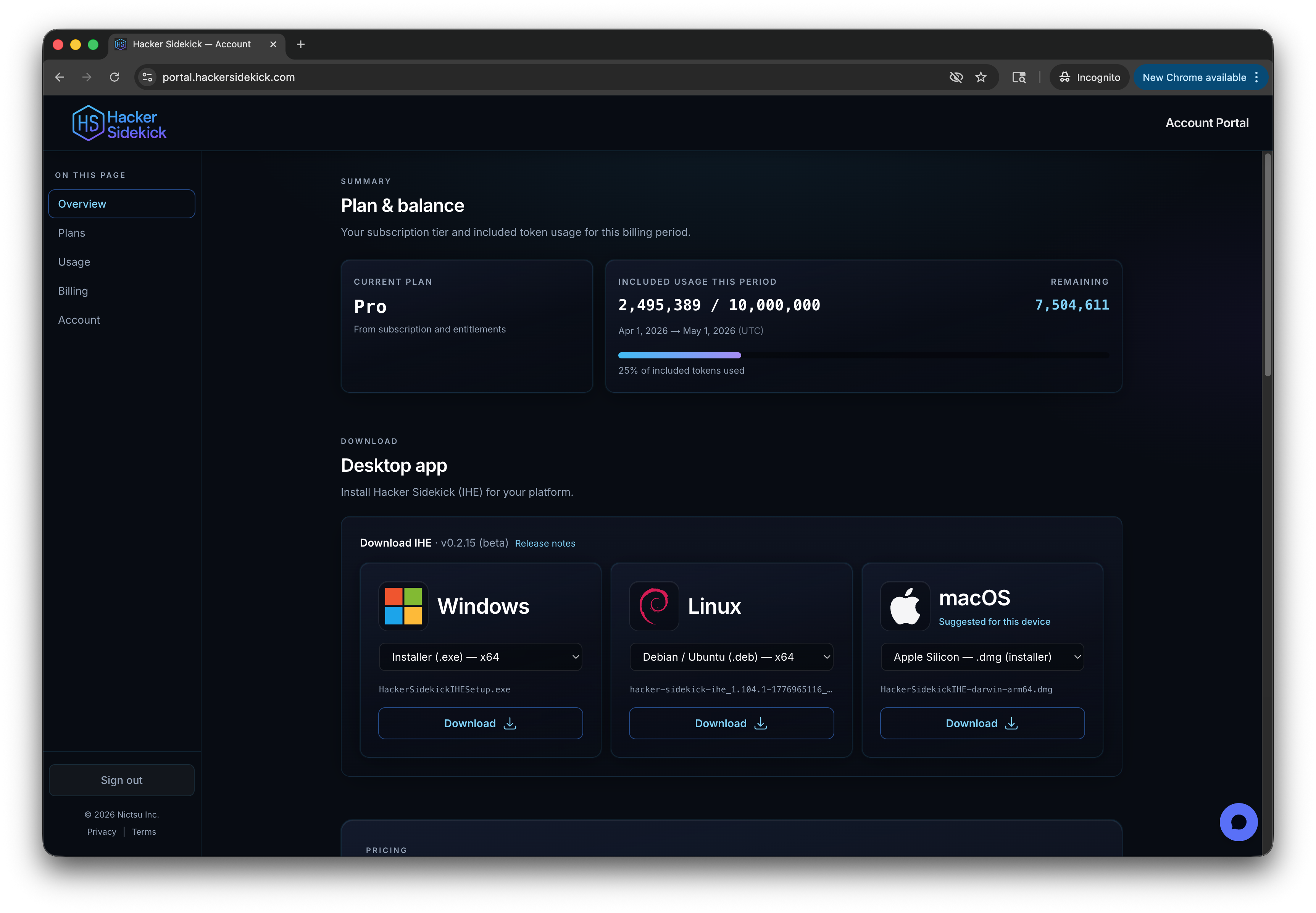 Signed-in dashboard: overview, plan, and next steps