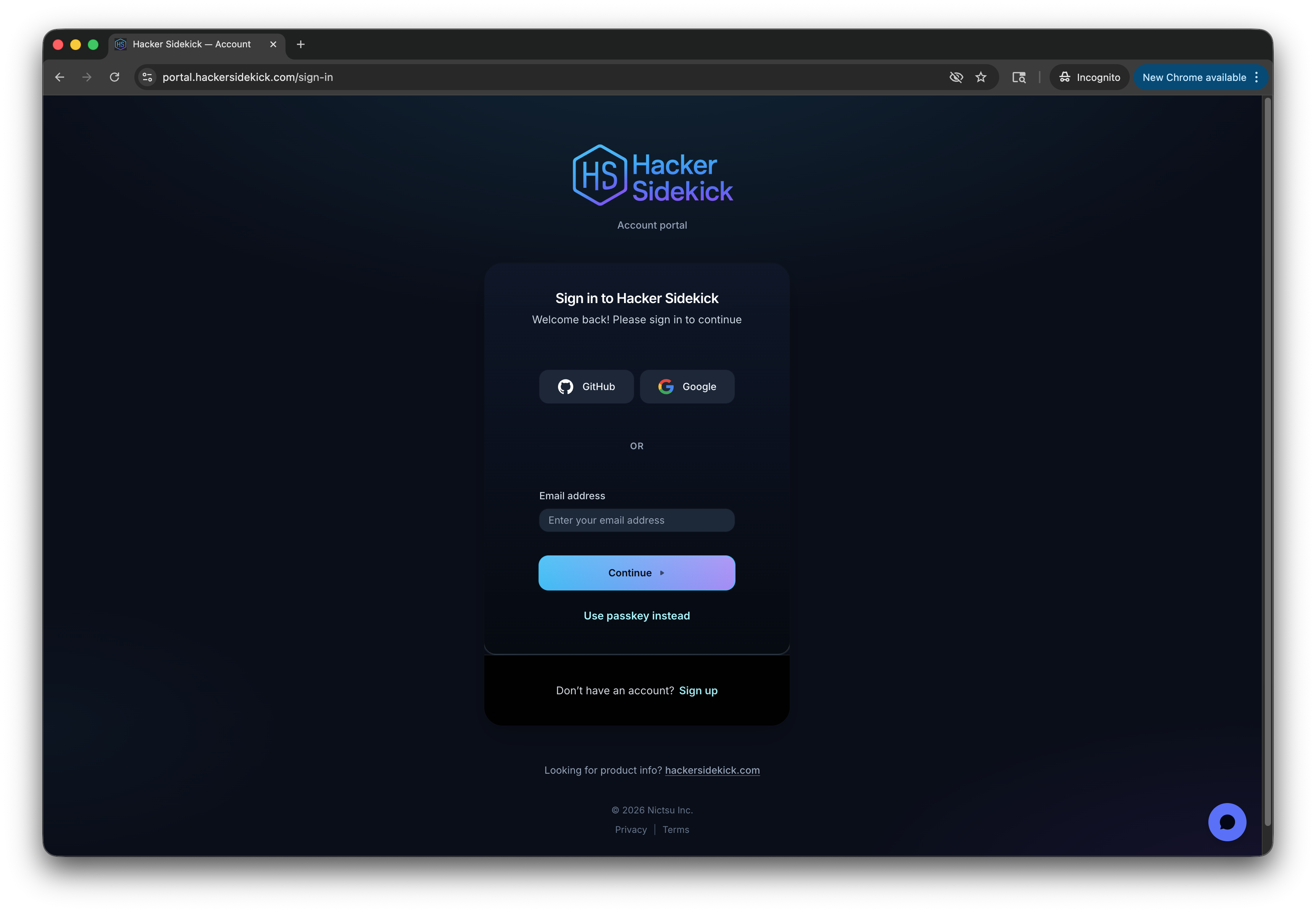 Sign in at portal.hackersidekick.com