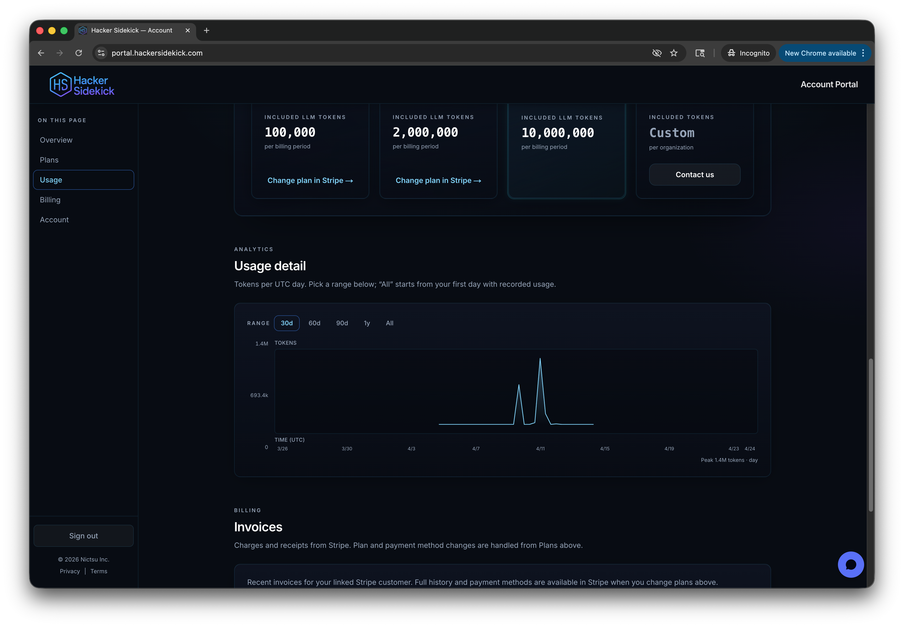 Usage chart with date range control