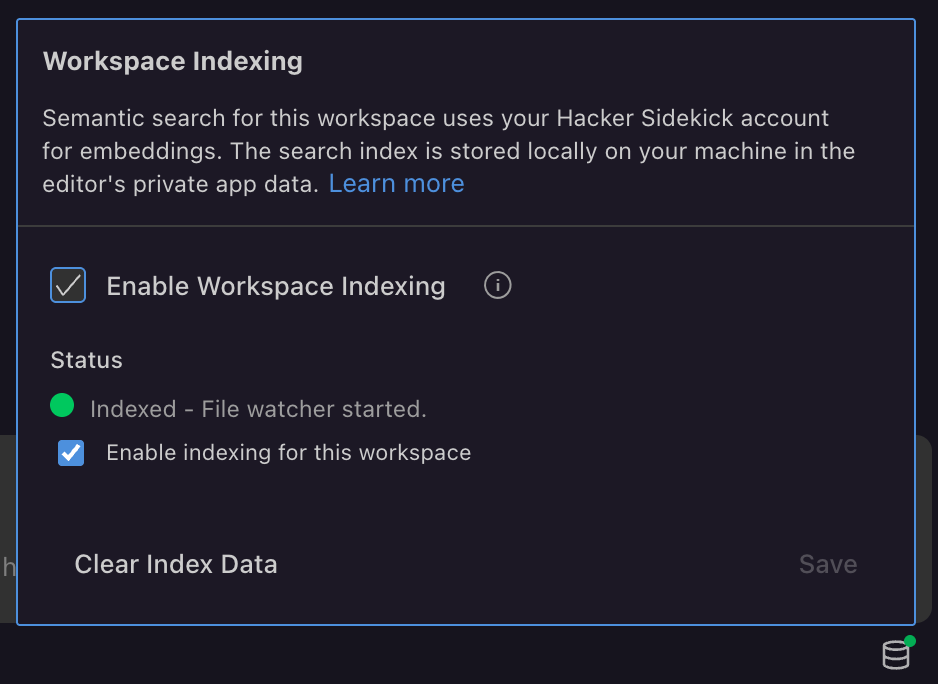 Workspace Indexing settings: master toggle, per-workspace enable, status, clear index
